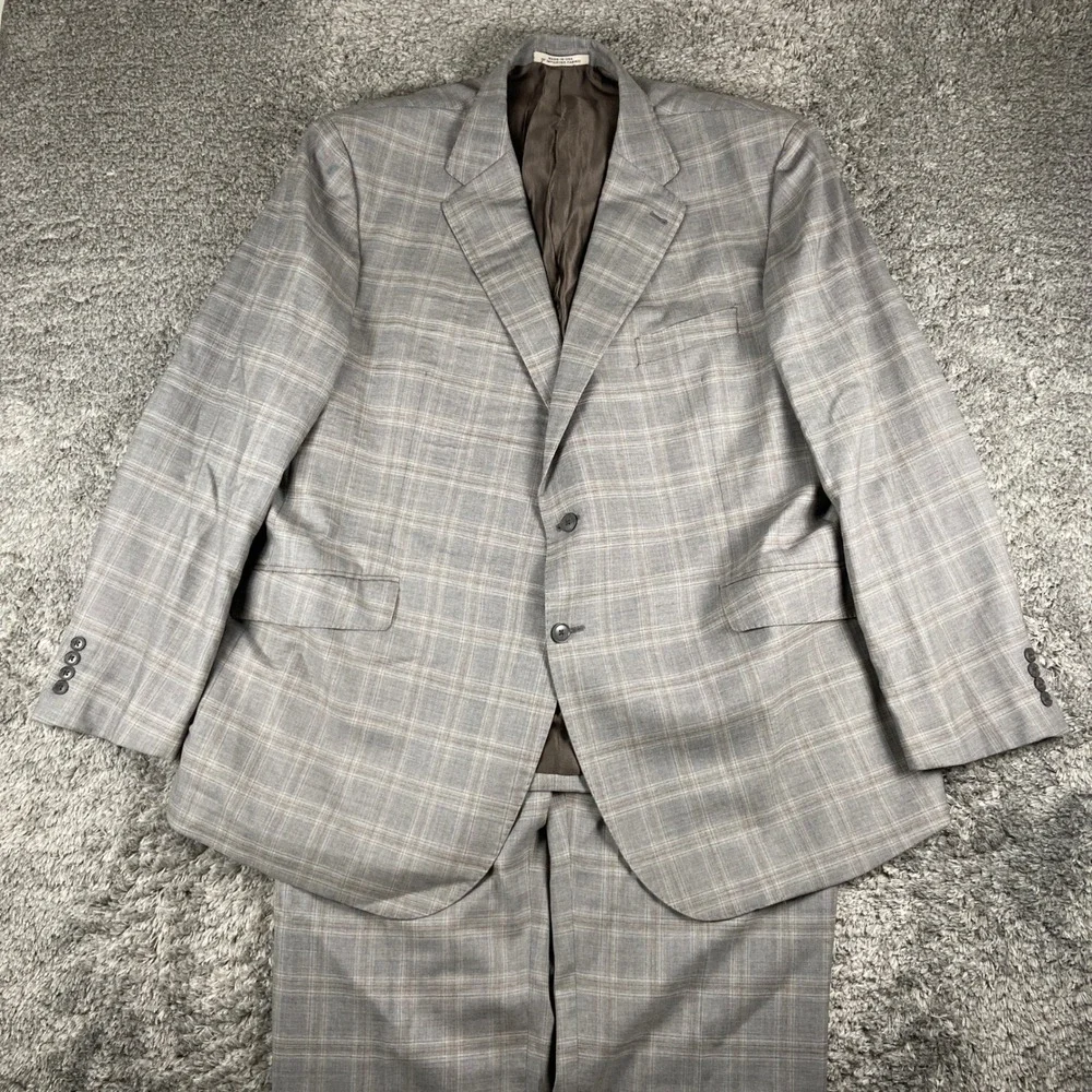 Joseph Abboud 2 Piece Suit Mens Blazer 48R Trouser 44x31 Grey Plaid Wool Preppy